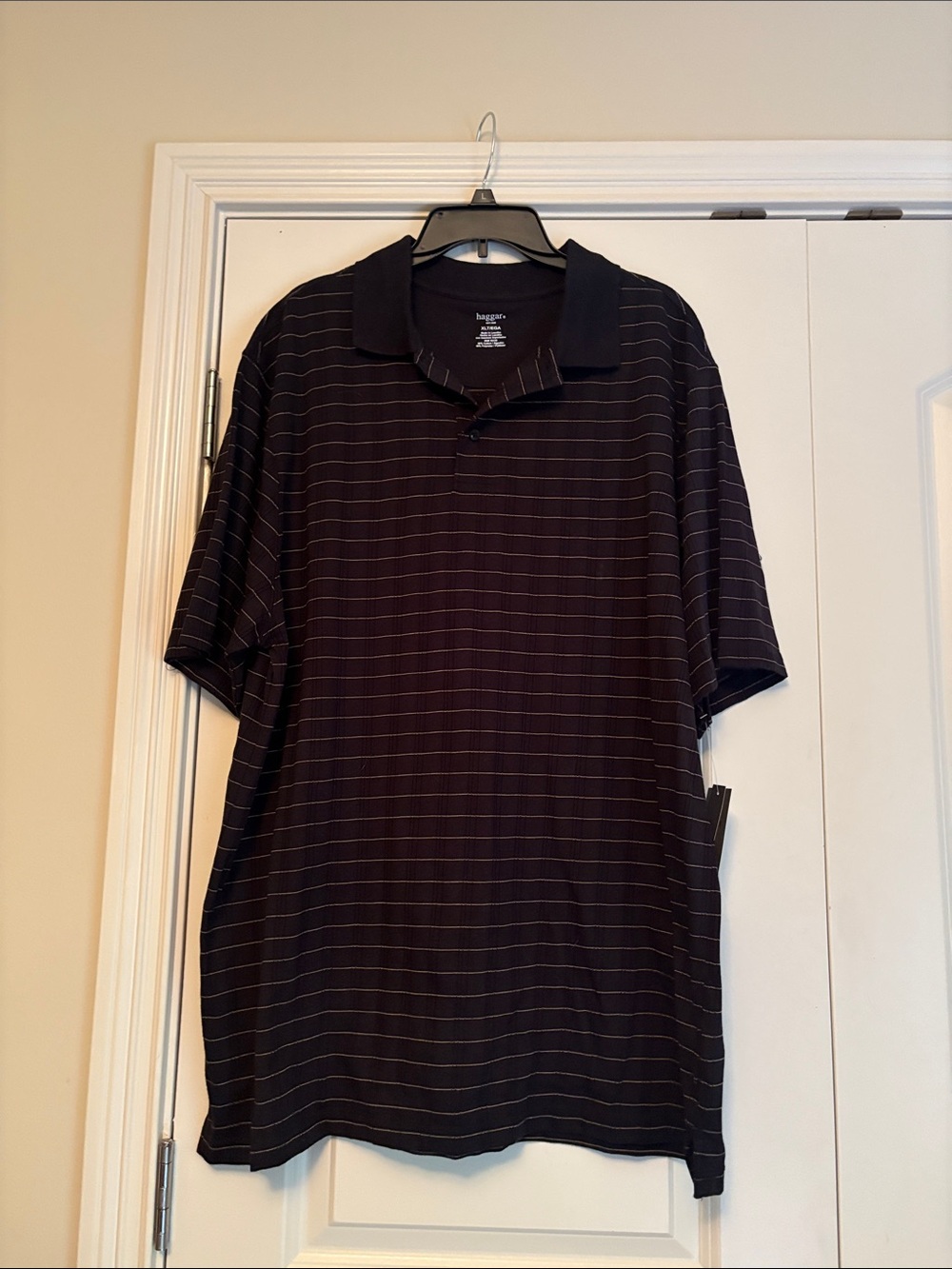 Haggar Men's Black Polo with Thin Gray Stripes